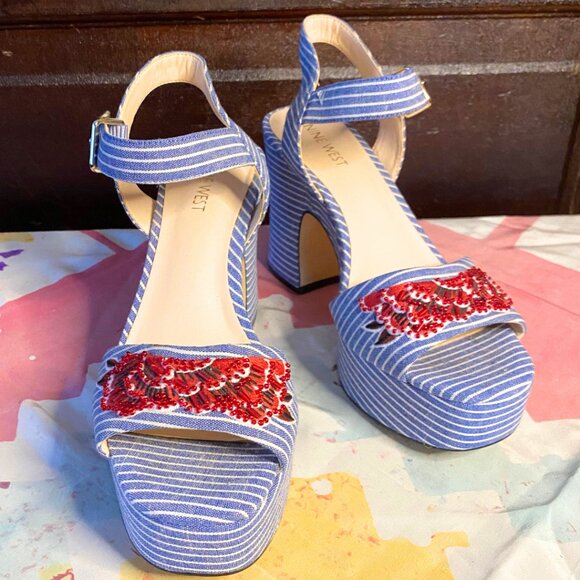 Nine West Blue & White Pinstripe Platform Heels - Picture 6 of 10